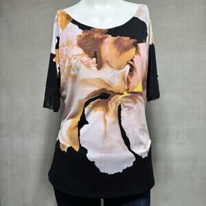 Bisou Bisou Black Pink Watercolor Floral Top Short Sleeve Lace Detail Artsy XL